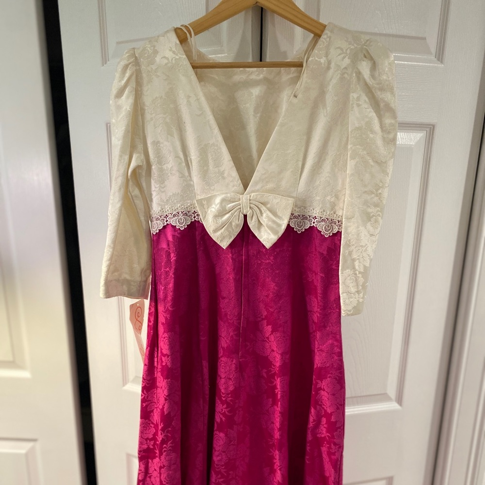 Vintage NWT Lanz Originals Pink White Dress Size 6 Bow Shoulder Pads 80s Prom